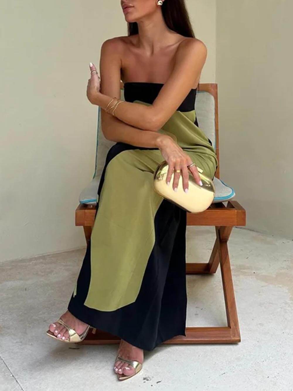 Off Shoulder Fashion Contrast Sleeveless Printed Maxi Dress