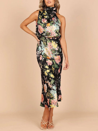 Halter Neck Floral Elastic Waist Maxi Dress
