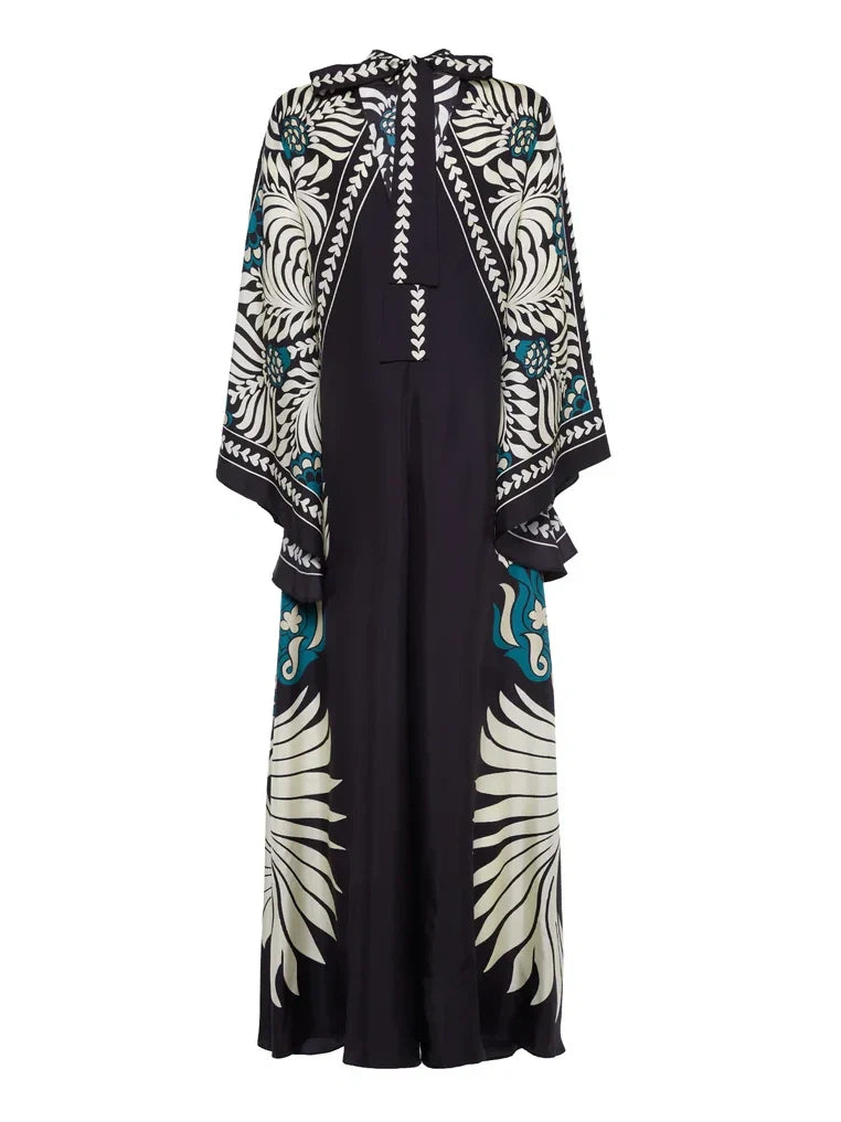 Elegance Floral Print Waterfall Sleeves Maxi Dress