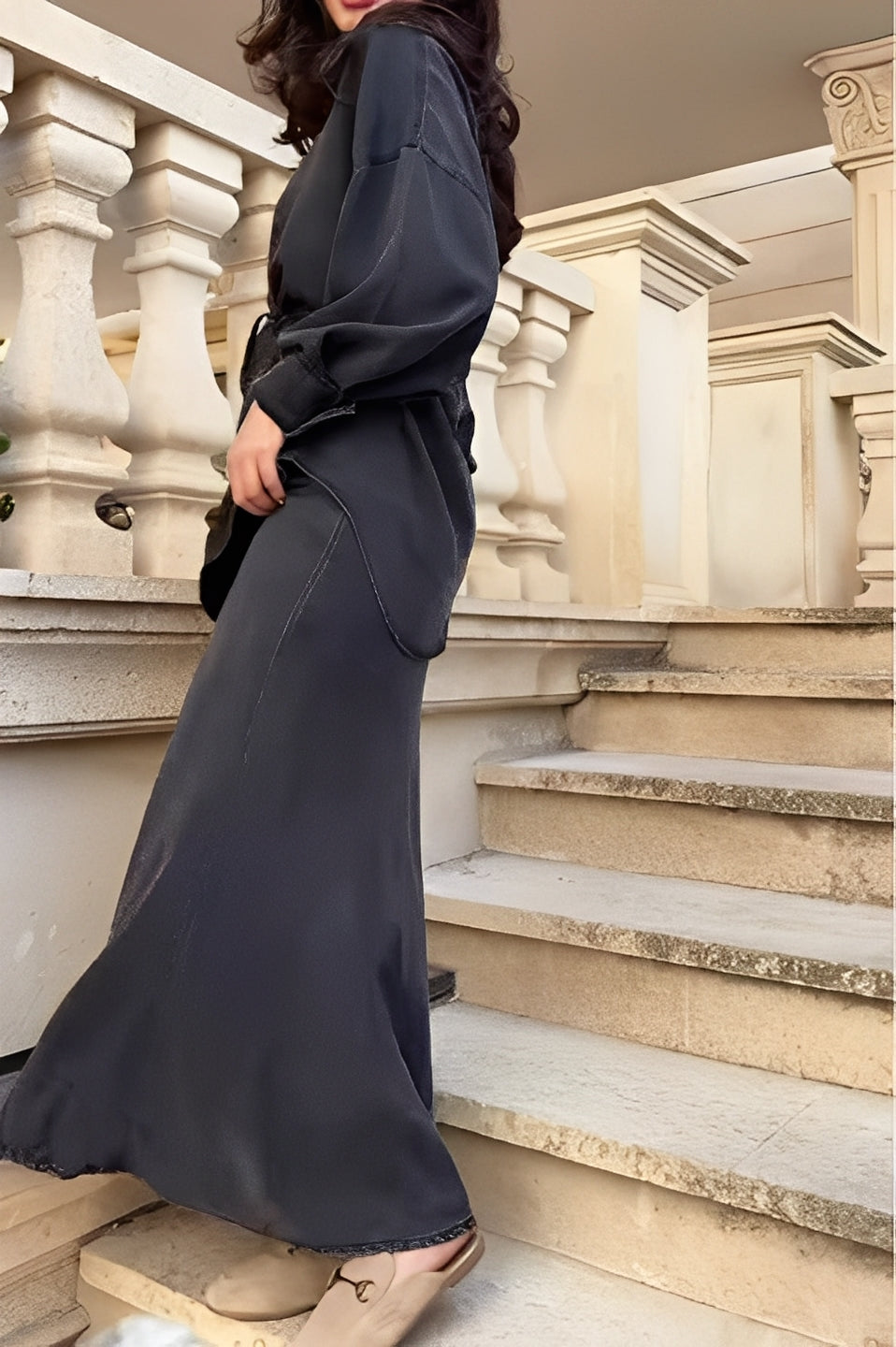 Long-sleeved Tie-Drawstring Shirt and Skirt Set